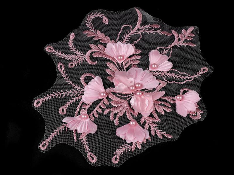 3D-s Gyöngyös virágokkal díszített rózsaszín hímzésű rátét, applikáció 17x20cm