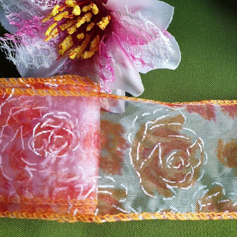 50SZOM - 50mm-es drótos organza szalag - virág mintás - 260cm