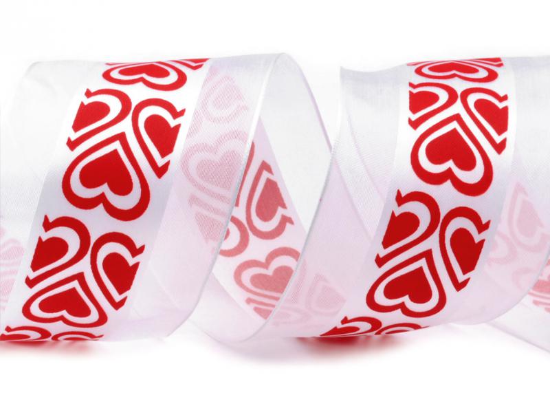 60SZOM14 - 60mm-es organza szalag piros szív mintával szélében dróttal
