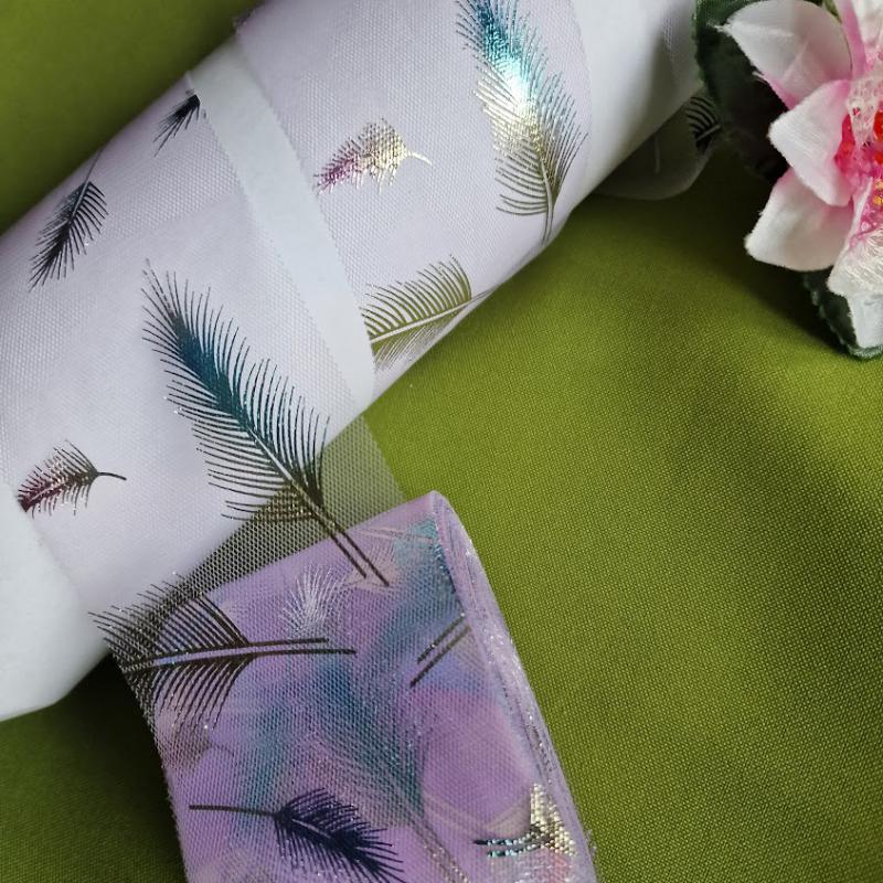 60SZOM20 - 60mm-es lila organza szalag  csillogó levél mintás