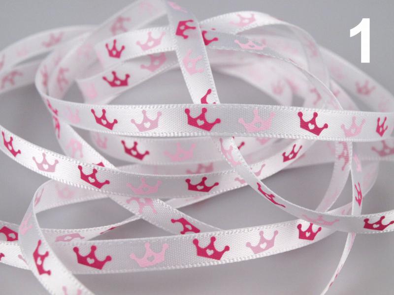 6SSM01 - 6mm-es korona mintás szatén szalag - fehér / 345cm