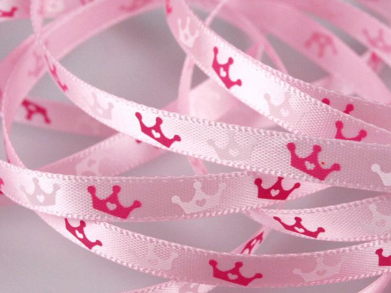 6SSM02 - 6mm-es korona mintás szatén szalag - rózsaszín
