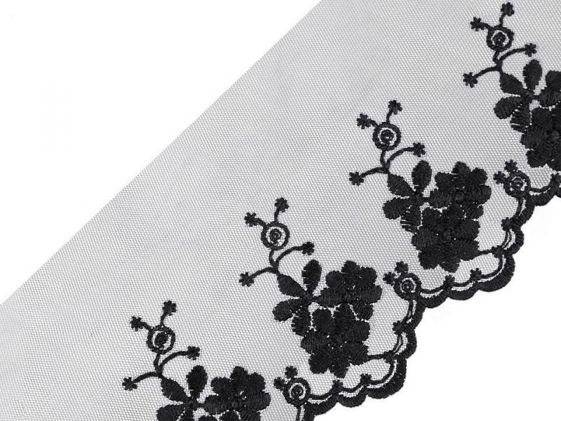 90SCS35 - 90mm-es hímzett fekete csipke tüll alapú