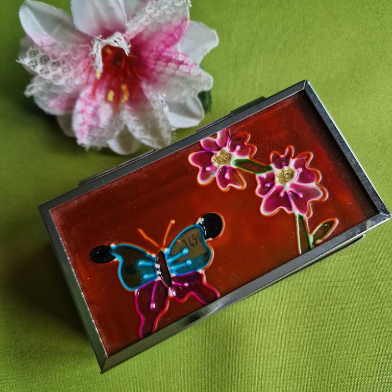 CSE10 - Tükrös, virágos, pillangós  kézzel festett tükrös dobozka, ékszertartó