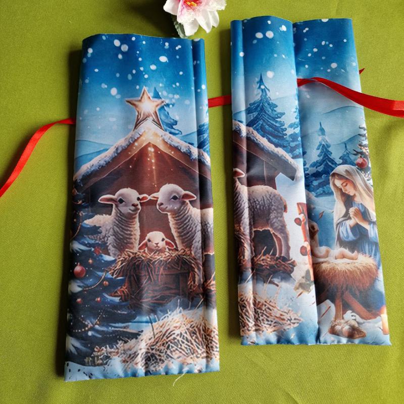 DCS124B - Bethlemi csillag a bárányokkal mintás textil ajándéktasak, mikulás zsák, bortartó, pezsgő  csomagoló