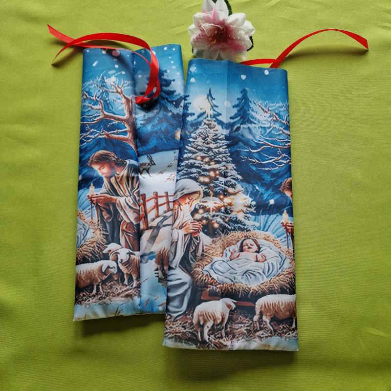 DCS124C - Mária a kisdeddel és karácsonyfával mintás textil ajándéktasak, mikulás zsák, bortartó, pezsgő  csomagoló