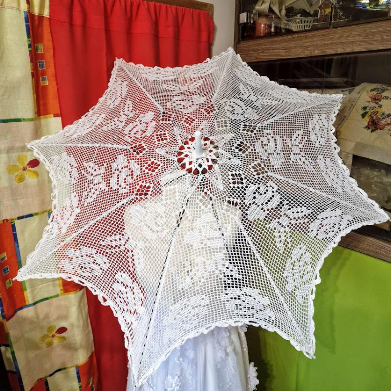 ESKÜVŐ ELE12 - Horgolt fehér színű menyasszonyi csipke napernyő