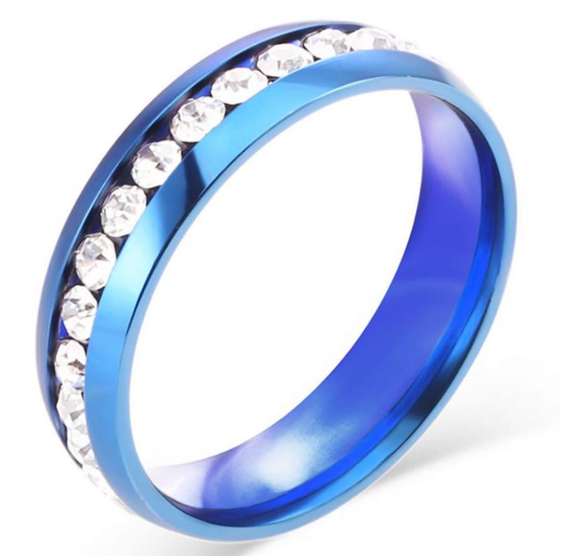 ESKÜVŐ ELJEGYZÉS GYR04 - 1 soros kristály köves kék színű acél karikagyűrű