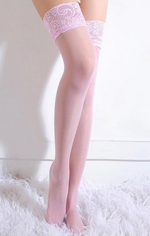 ESKÜVŐ FEN03 - Szexi elasztikus babarózsaszín csipkés harisnya, combfix