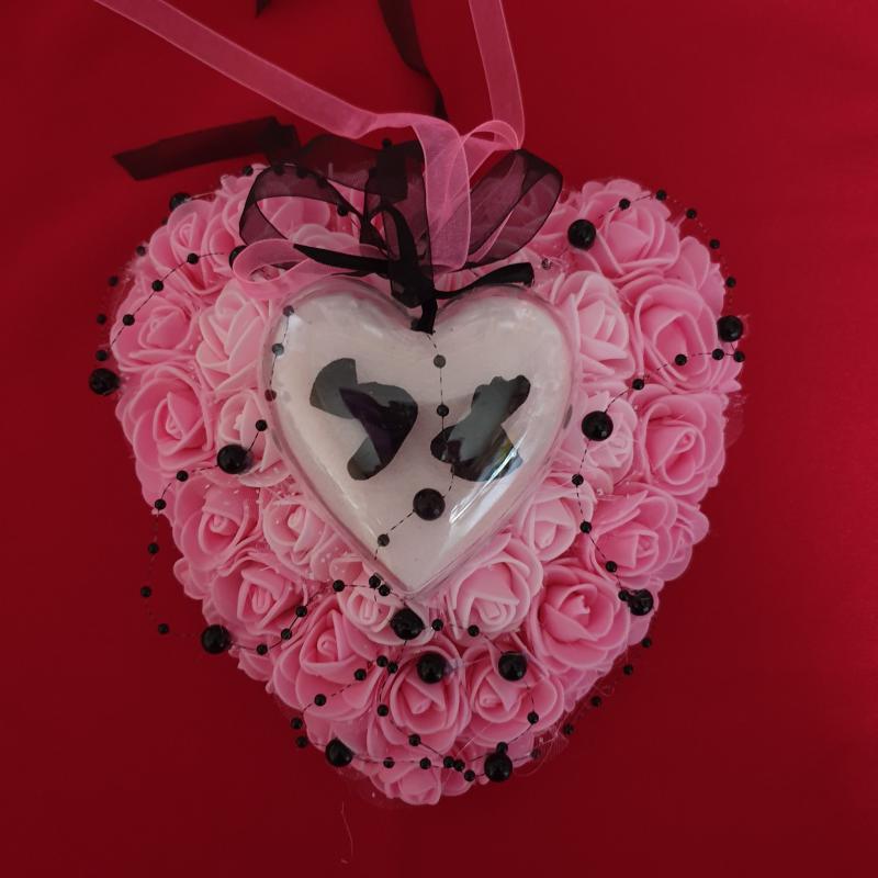 ESKÜVŐ GYP02 - Szív alakú Gyűrűpárna rózsaszín árnyalatú habrózsákból