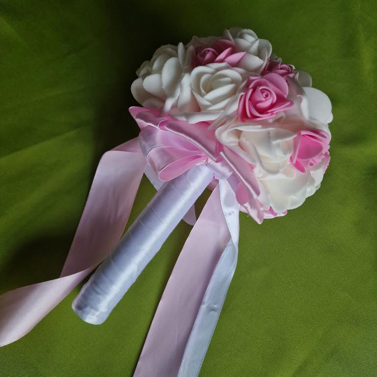 ESKÜVŐ MCS31 - Fehér menyasszonyi habrózsa csokor - rózsaszín szín