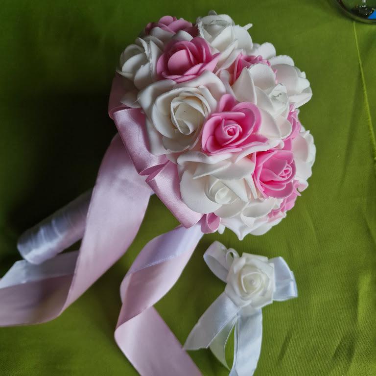 ESKÜVŐ MCS32 - Menyasszonyi csokor, vőlegényi kitűző - rózsaszín szín