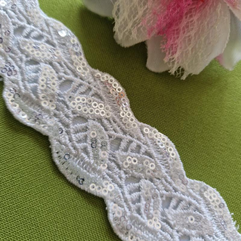 ESKÜVŐ MÖV51 – Handmade - Hófehér flitteres csipkés menyasszonyi öv 35x3,5cm-es