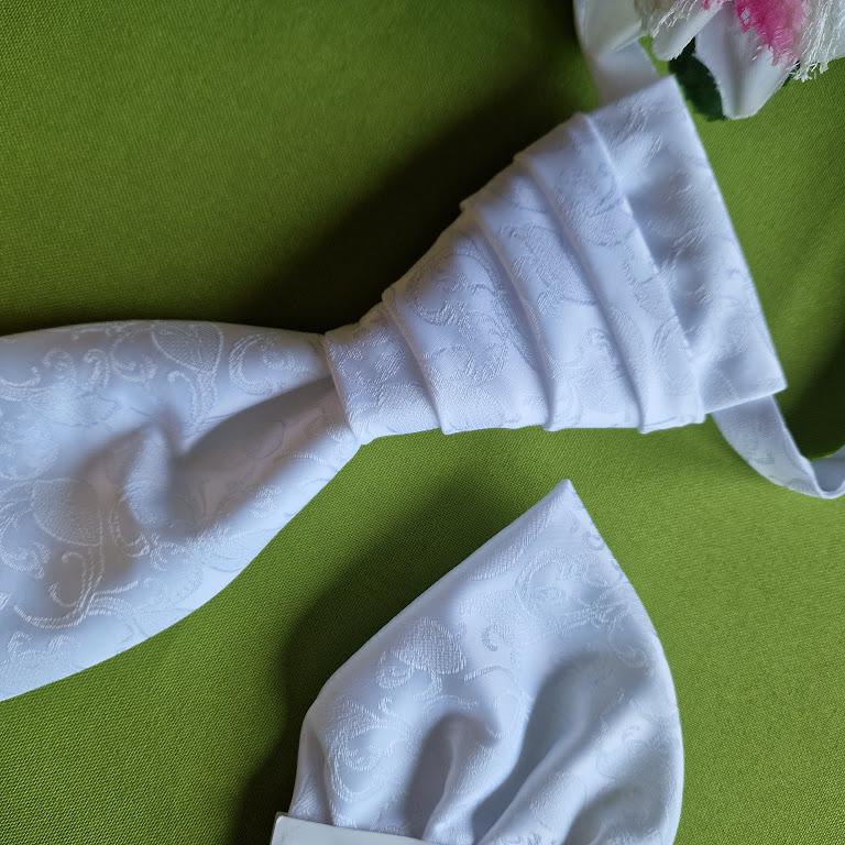 ESKÜVŐ NYD02 - Hófehér színű selyem szatén nyakkendő + díszzsebkendő