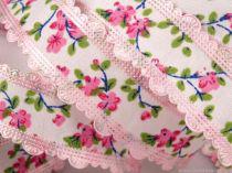 ESKÜVŐI dekor 25SSZ03 - 25mm-es virágos mintás szövet szalag - rózsaszín
