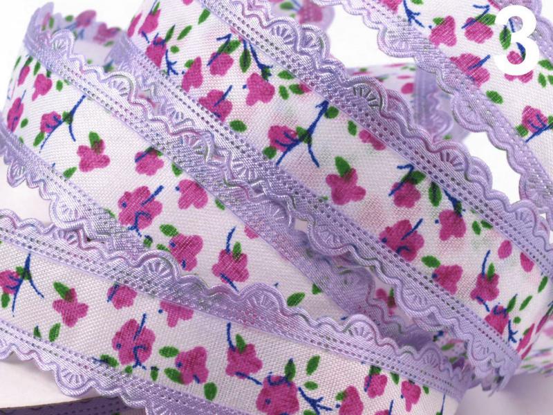 ESKÜVŐI dekor 25SSZ04 - 25mm-es virágos szövet szalag - levendula lila