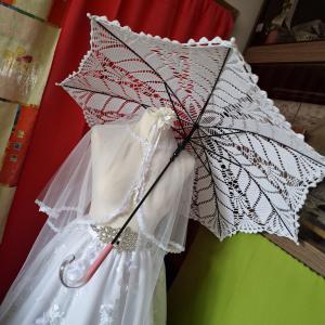 ESKÜVŐ ELE14 - Horgolt hófehér színű leveles mintás menyasszonyi csipke ernyő