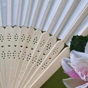 ESKÜVŐ ELE28 - Ekrü színű menyasszonyi legyező ajándék organza tasakkal