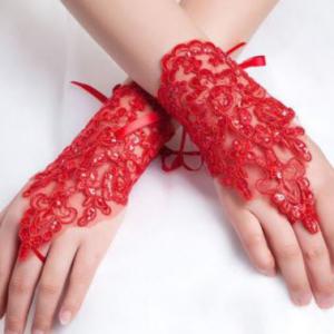 ESKÜVŐ KTY06 - 18cm-es ujjra akasztható piros csipke kesztyű