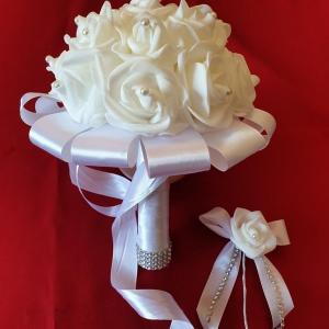 ESKÜVŐ MCS06 - Menyasszonyi csokor, gyűrűpárna, vőlegényi kitűző - habrózsa szett