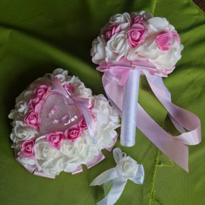 ESKÜVŐ MCS07B - Menyasszonyi csokor, gyűrűpárna, vőlegényi kitűző - rózsaszín szín