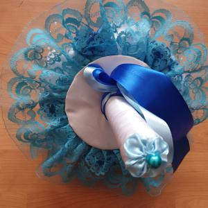 ESKÜVŐ MCS37 - Menyasszonyi csokor Türkiz szatén rózsából + harisnyakötő