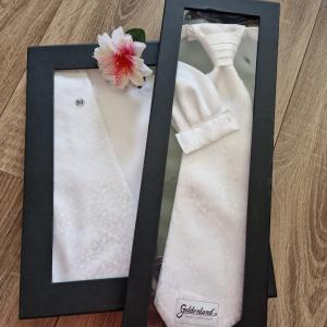 ESKÜVŐ NYD08 - Hófehér színű virág mintás selyem szatén nyakkendő + díszzsebkendő