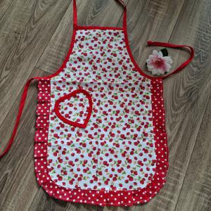 KTN01 - Eper mintás, pöttyös fodros gyerek pamut konyhai kötény