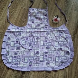 KTN04 - Levendula mintás zsebes, fodros pamut konyhai kötény