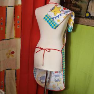 OTT58 - Karácsonyi, egér mintás pamut konyhai szett kék széllel: kötény, konyharuha (törlőkendő)