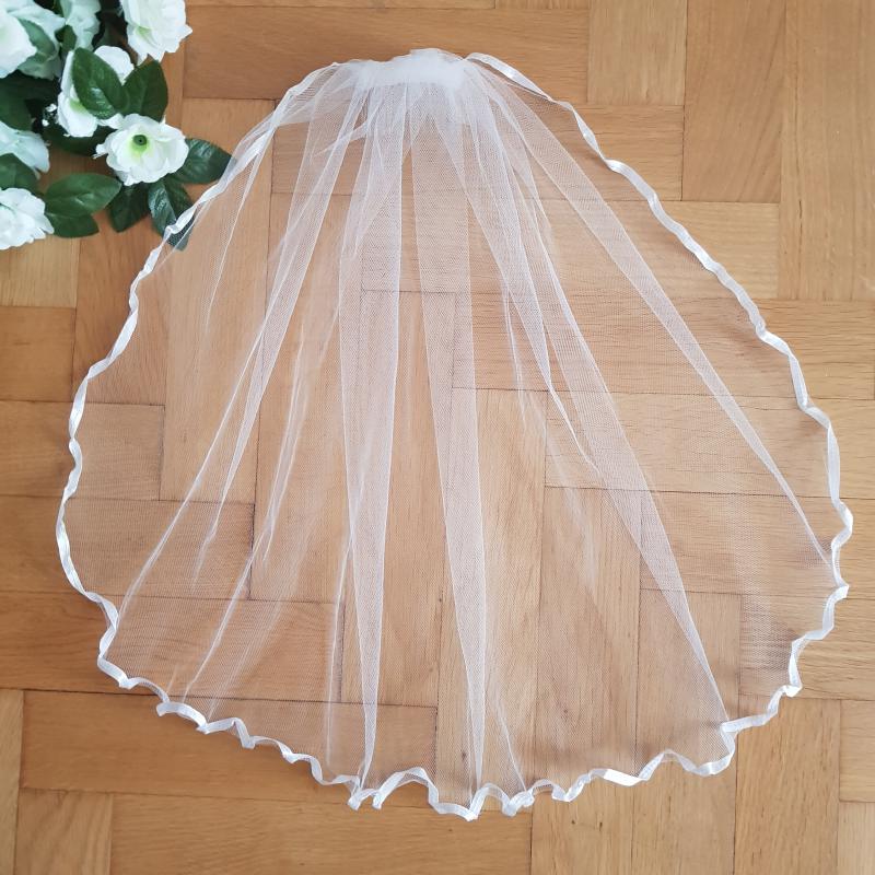 FTY11 - 1 rétegű, hullámos szatén szélű, Hófehér MINI menyasszonyi fátyol 30x100cm