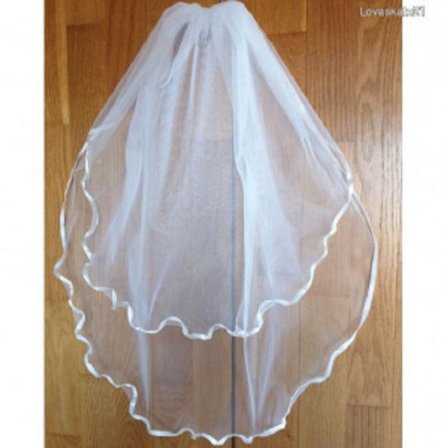 FTY59 - 2 rétegű, hullámos szatén szélű Hófehér MINI menyasszonyi fátyol 30/50x50cm