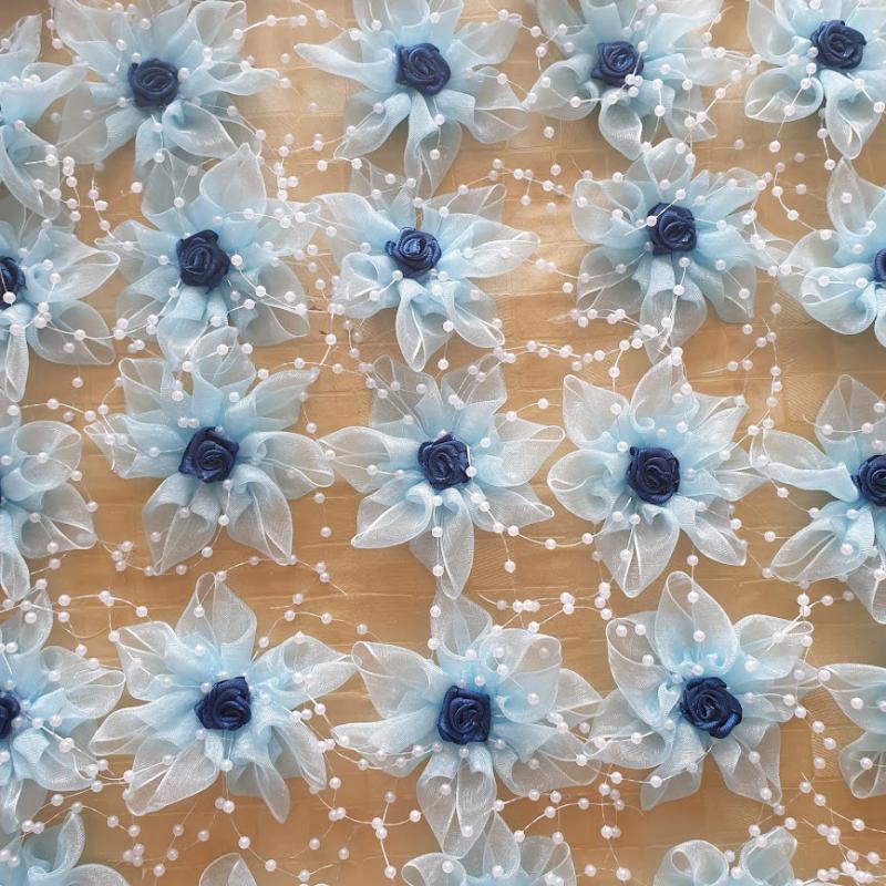 Gyöngyös szilikon szálas organza virág szatén rózsával -  kék