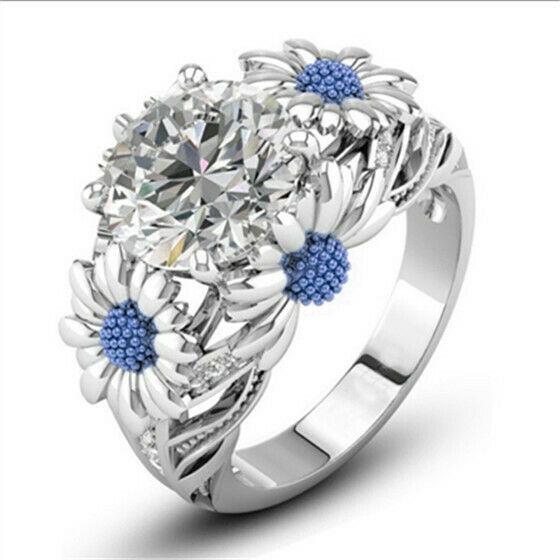GYR09 - Kék Margaréta virágos kristály cirkónia köves ezüstözött gyűrű