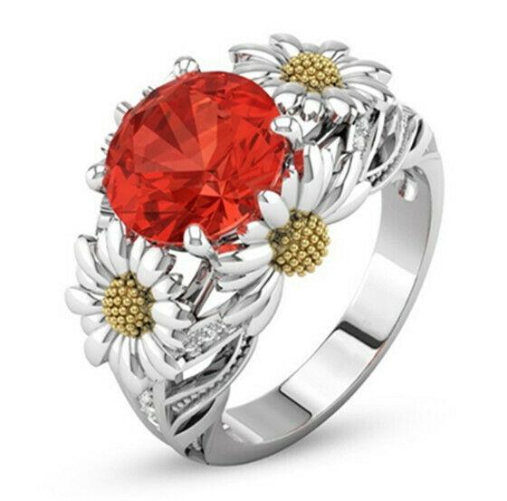 GYR11 - Sárga Margaréta virágos piros cirkónia köves ezüstözött gyűrű
