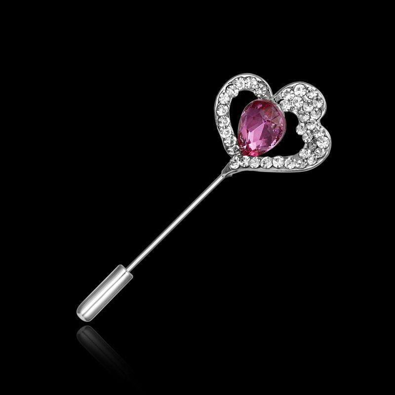 Hajtókatű, kitűző HAT01 - Strasszköves dupla szív pink kővel 53x20mm