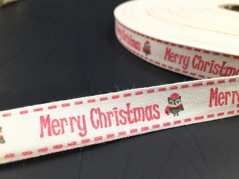Karácsonyi dekor 15SSZ17 - 15mm-es Merry Christmas baglyos mintás szövet szalag