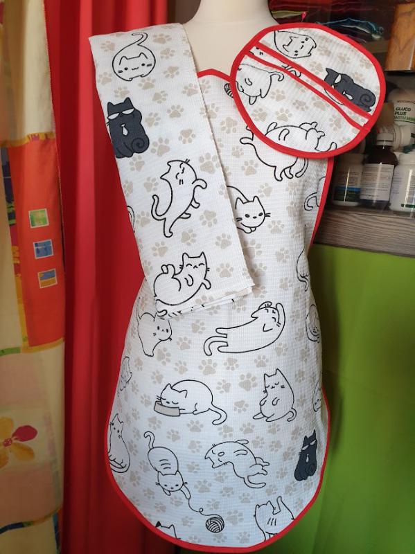 OTT19 - Cica macskás pamut konyhai szett: kötény, edényfogó, konyharuha (törlőkendő)