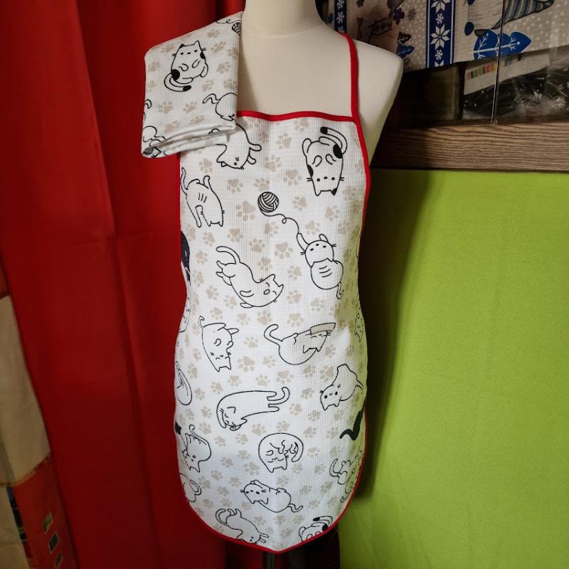 OTT35 - Cica mintás pamut konyhai szett: kötény, konyharuha (törlőkendő)