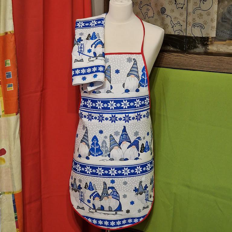 OTT37 - Karácsonyi, manó mintás pamut konyhai szett: kötény, konyharuha (törlőkendő)