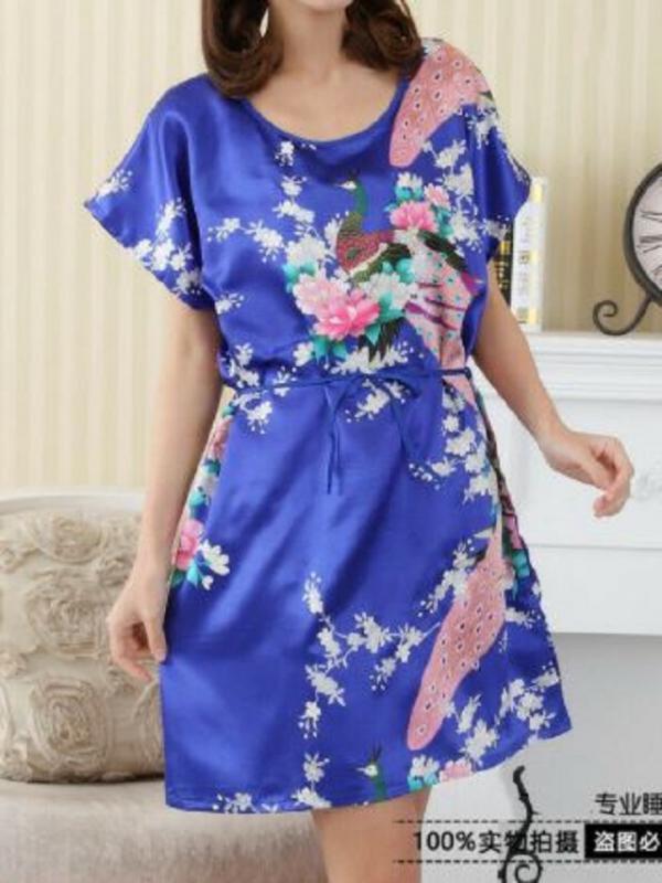 Páva mintás szatén ruha, kimonó, királykék S-L-ig