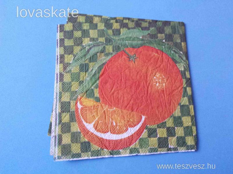 SZV156 Dekoupage - Zöld kockás alapon narancsok 3 rétegű szalvéta