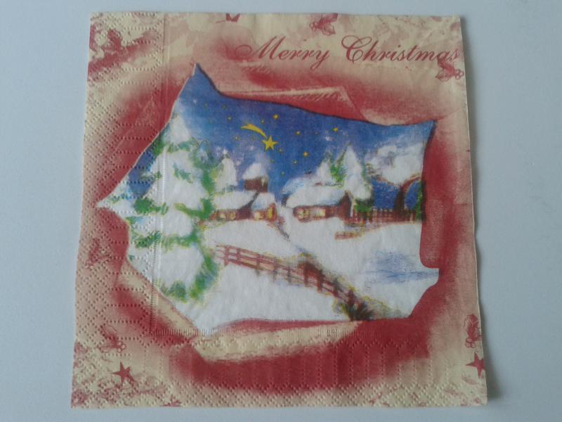 SZV18 Dekoupage - Havas karácsonyi táj, pergamen széllel 3 rétegű szalvéta