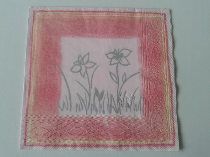 SZV181 Dekoupage - Rózsaszín keretben ezüst virágok 3 rétegű szalvéta