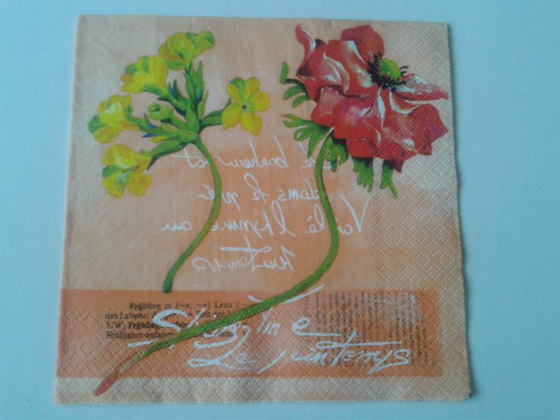 SZV38 Dekoupage - Narancssárga alapú felíratos, virágos 3 rétegű szalvéta