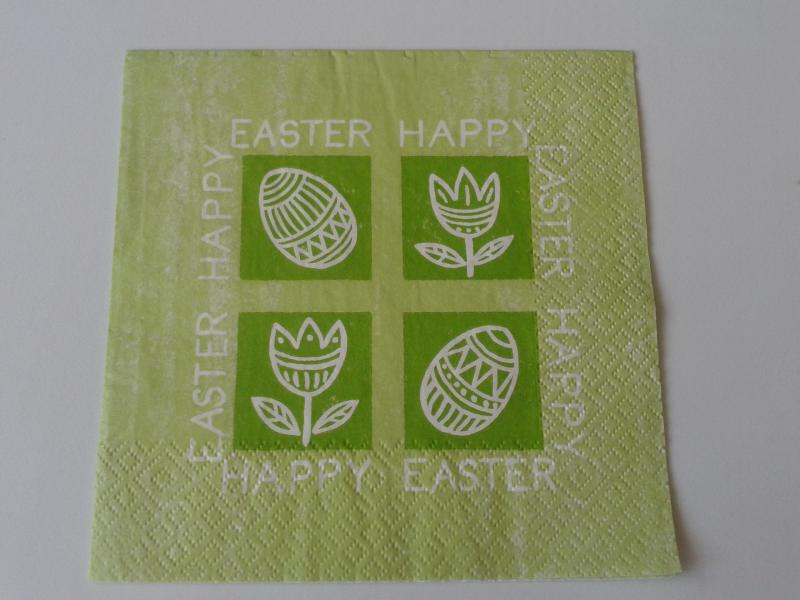 SZV56 Dekoupage - Almazöld alapon, zöld négyzetben fehér tojás és virág 3 rétegű szalvéta