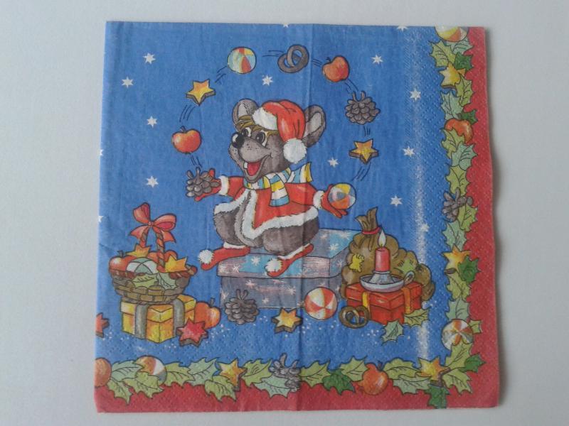 SZV62 Dekoupage - Egérke ajándékokkal kék alap 3 rétegű szalvéta