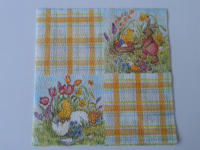 SZV94 Dekoupage - kockás minta + nyuszi, kacsa, virágok 1 rétegű szalvéta
