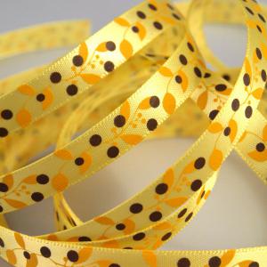 10SSM04 10mm-es pöttyös és levél mintás szatén szalag - sárga - 325cm