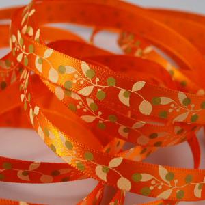 10SSM05 - 10mm-es pöttyös és levél mintás szatén szalag - narancssárga